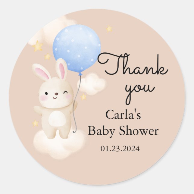 Boy Balloon Cute Brown Bunny Baby Shower Classic Round Sticker (Front)