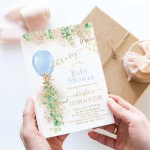 Boy Balloon Eucalyptus Gold Glitter Baby Shower Invitation