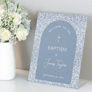 Boy Baptism Arch Blue White Floral Pattern Welcome Pedestal Sign