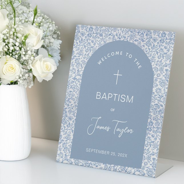 Boy Baptism Arch Blue White Floral Pattern Welcome Pedestal Sign (Creator Uploaded)
