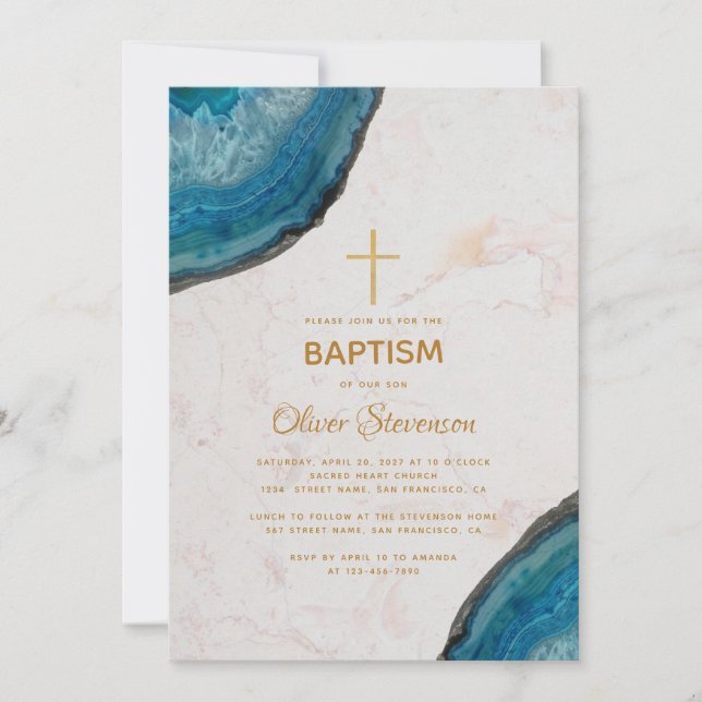 Boy Baptism Blue Agate Geode Marble Gold Cross Invitation (Front)