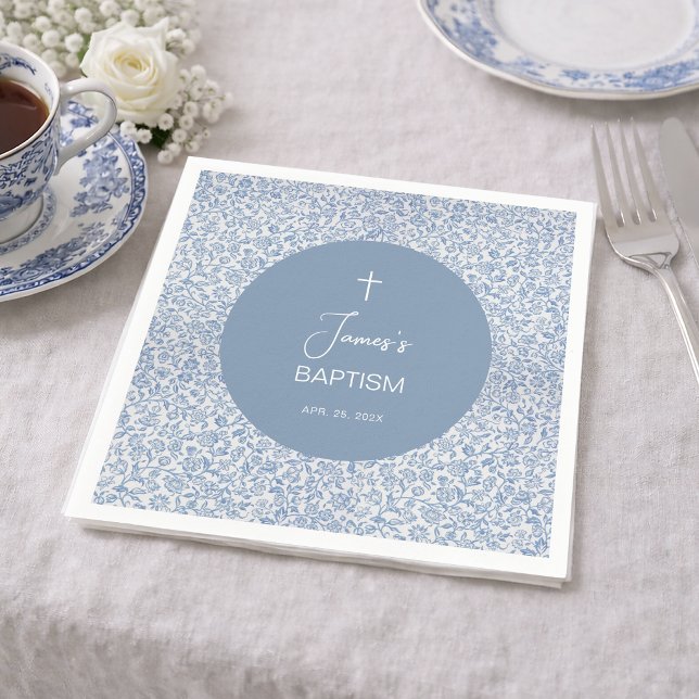 Boy Baptism Blue and White Floral Pattern Elegant Napkin (Creator Uploaded)