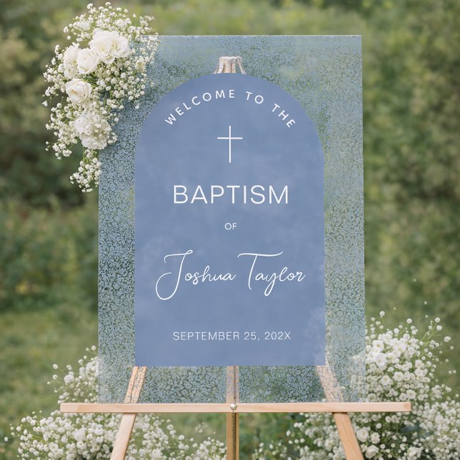 Boy Baptism Blue Arch Floral Pattern Cross Welcome Acrylic Sign (Creator Uploaded)