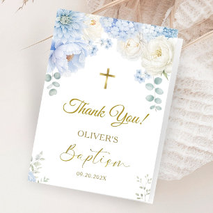 Boy Baptism Blue Floral Folded Thank You Cards