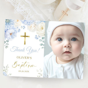 Boy Baptism Blue Floral Photo Folded Thank You Card