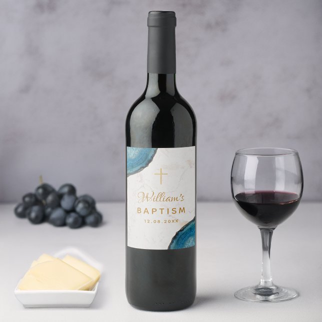 Boy Baptism Blue Geode Gold Cross White Marble Wine Label (Creator Uploaded)