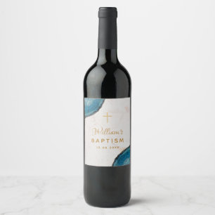 Boy Baptism Blue Geode Gold Cross White Marble Wine Label