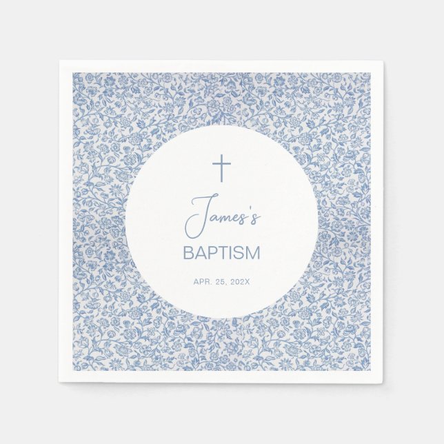 Boy Baptism Blue White Floral Pattern Christening  Napkin (Front)