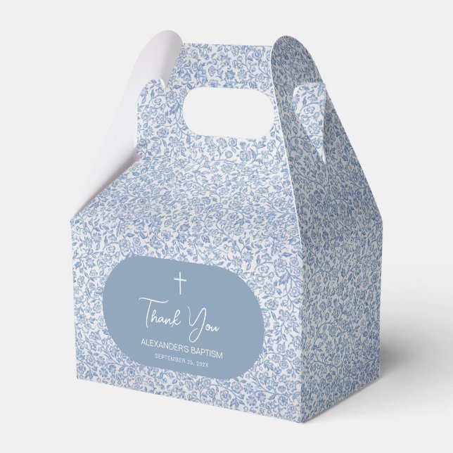 Boy Baptism Blue & White Floral Pattern Thank You Favour Box (Front Side)