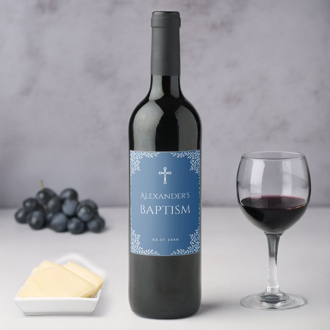 Boy Baptism Classic Blue Faux Silver Cross Leaves Wine Label (Creator Uploaded)