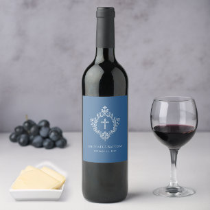 Boy Baptism Classic Blue Vintage Crest Religious Wine Label