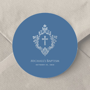 Boy Baptism Classic Blue Vintage Silver Crest  Round Sticker