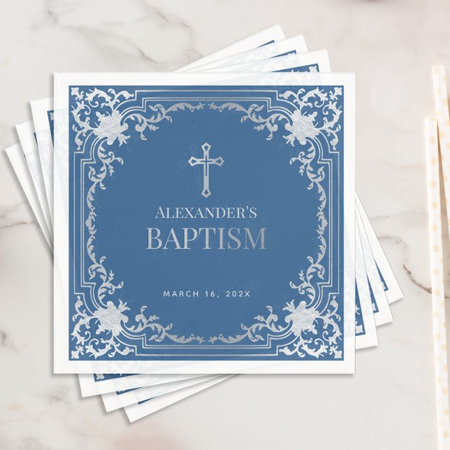  Boy Baptism Classic Elegant Blue Faux Silver Foil Napkin (Creator Uploaded)