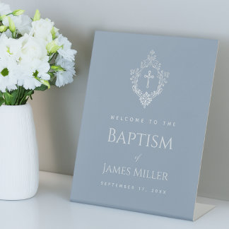 Boy Baptism Dusty Blue Elegant Cross Crest Welcome Pedestal Sign