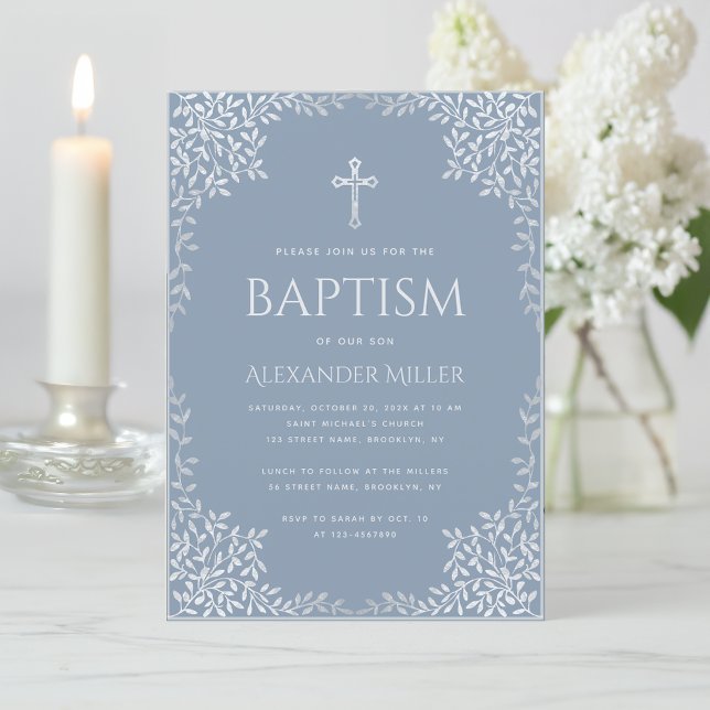 Boy Baptism Dusty Blue Elegant Faux Silver Leaves Invitation (Creator Uploaded)