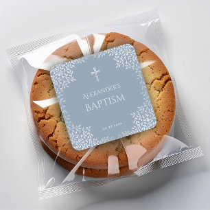 Boy Baptism Dusty Blue Elegant Faux Silver Leaves Square Sticker