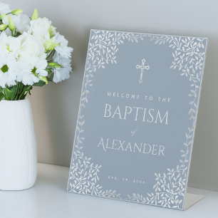 Boy Baptism Dusty Blue Faux Silver Leaves Welcome Pedestal Sign
