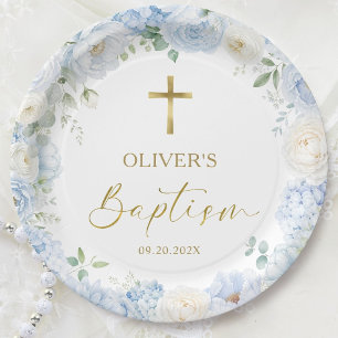 Boy Baptism Dusty Blue Floral Elegant Round Paper Plate