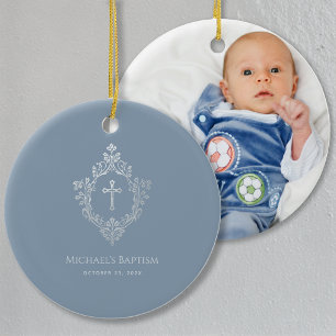 Boy Baptism Dusty Blue Vintage Cross in Crest  Ceramic Tree Decoration