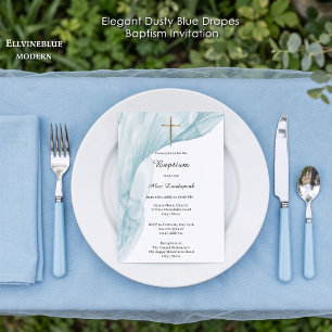 Boy Baptism Elegant Dusty Blue Drapes Gold Cross Invitation