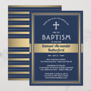 Boy Baptism Elegant Modern Navy Blue White & Gold Invitation