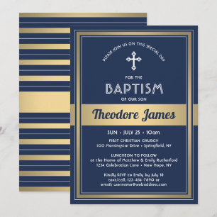 Boy Baptism Elegant Navy Blue and Gold Invitation