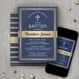 Boy Baptism Elegant Navy Blue and Gold Invitation