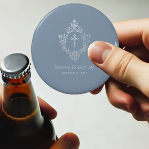 Boy Baptism Favours Dusty Blue Vintage Crest Cross Bottle Opener