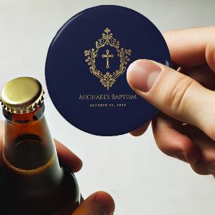 Boy Baptism Favours Navy Blue Faux Gold Cross Cres Bottle Opener