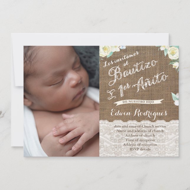 Boy Baptism First Birthday, Bautizo Primer Añito Invitation (Front)