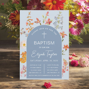Boy Baptism Floral Blue Arch Wildflowers Religious Invitation