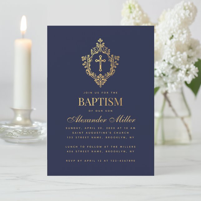 Boy Baptism Navy Blue Faux Gold Crest Cross Script Invitation (Creator Uploaded)