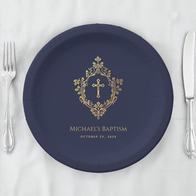 Boy Baptism Navy Blue Faux Gold Crest Religious Paper Plate (Creator Uploaded)