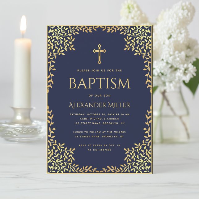 Boy Baptism Navy Blue Faux Gold Leaves Elegant Invitation (Creator Uploaded)