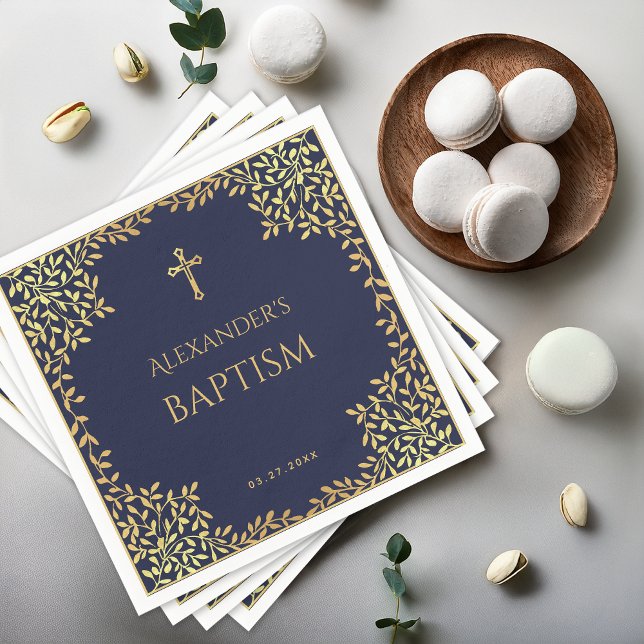 Boy Baptism Navy Blue Faux Gold Leaves Elegant Napkin (Creator Uploaded)
