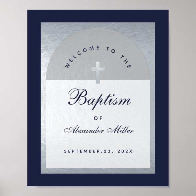 Boy Baptism Navy Blue Silver Arch  Welcome Sign (Front)