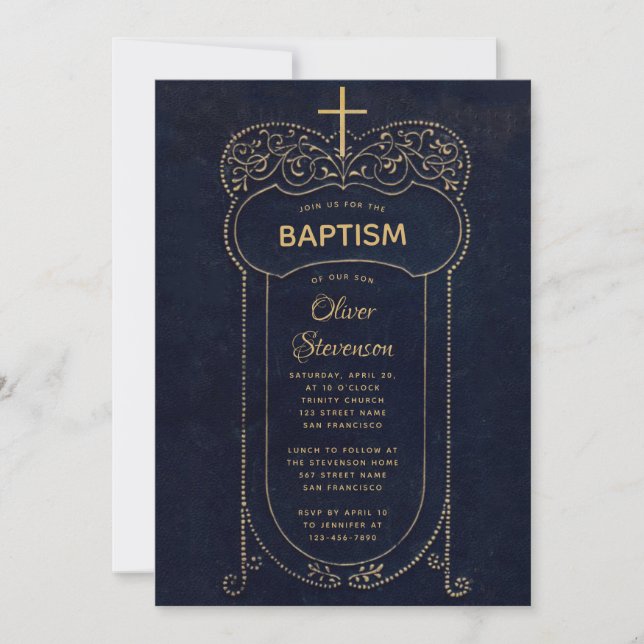 Boy Baptism Navy Blue Vintage Calligraphy Cross Invitation (Front)