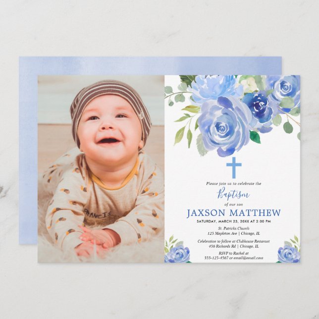 Boy baptism photo invitation, navy blue flowers invitation (Front/Back)