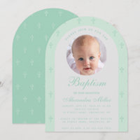 Boy Baptism Photo Modern Arch Mint Green Script