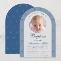 Boy Baptism Photo Modern Dusty Blue Arch Script