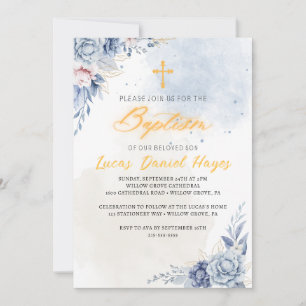 Boy baptism religious modern blue watercolor  invitation