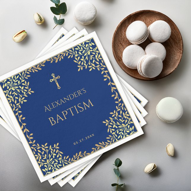 Boy Baptism Royal Blue Faux Gold Leaves Religious Napkin (Creator Uploaded)