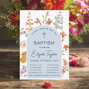 Boy Baptism Wildflowers Blue Arch Floral Religious Invitation