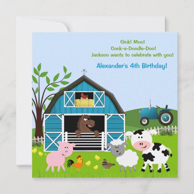Boy Barnyard Farm Animals Birthday Invitations (Front)