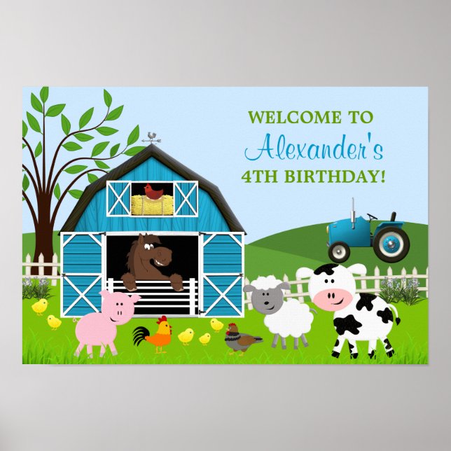 Boy Barnyard Farm Animals Birthday Poster (Front)