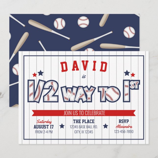 Boy Baseball 1/2 Birthday Invitation (Front/Back)
