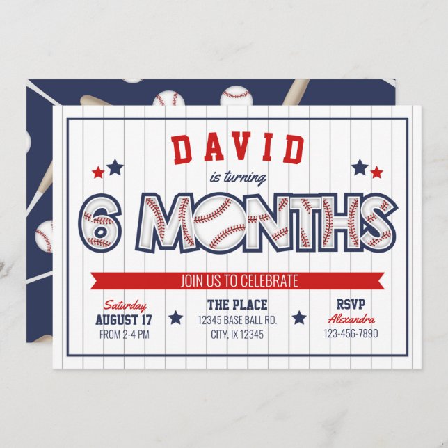 Boy Baseball 1/2 Birthday Invitation (Front/Back)