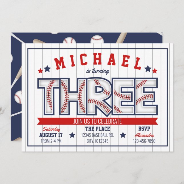 Boy Baseball 3rd Birthday Invitation (Front/Back)