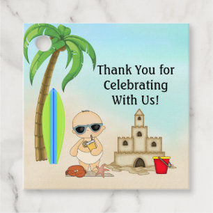 Boy Beach Baby Sandcastle n Surfboard 1st Birthday Favour Tags