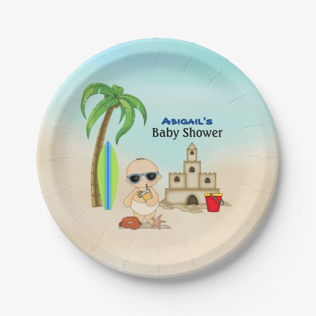 Boy Beach Baby Sandcastle n Surfboard Baby Shower Paper Plate (Front)